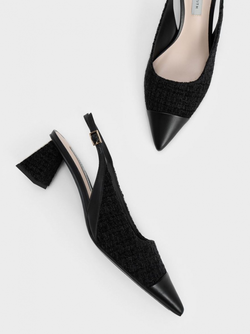 Charles And Keith Tweed Toe Cap Slingback Pumps Black | PHILIPPINES P340