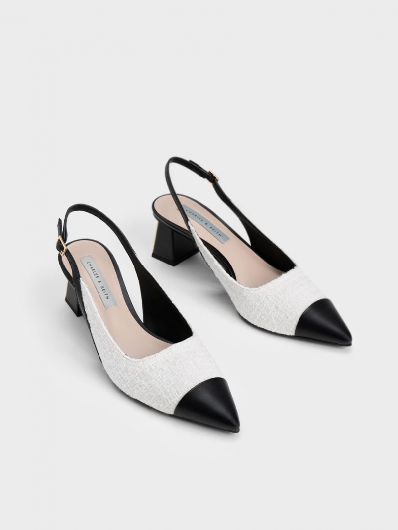 Charles And Keith Tweed Toe Cap Slingback Pumps White | PHILIPPINES I159