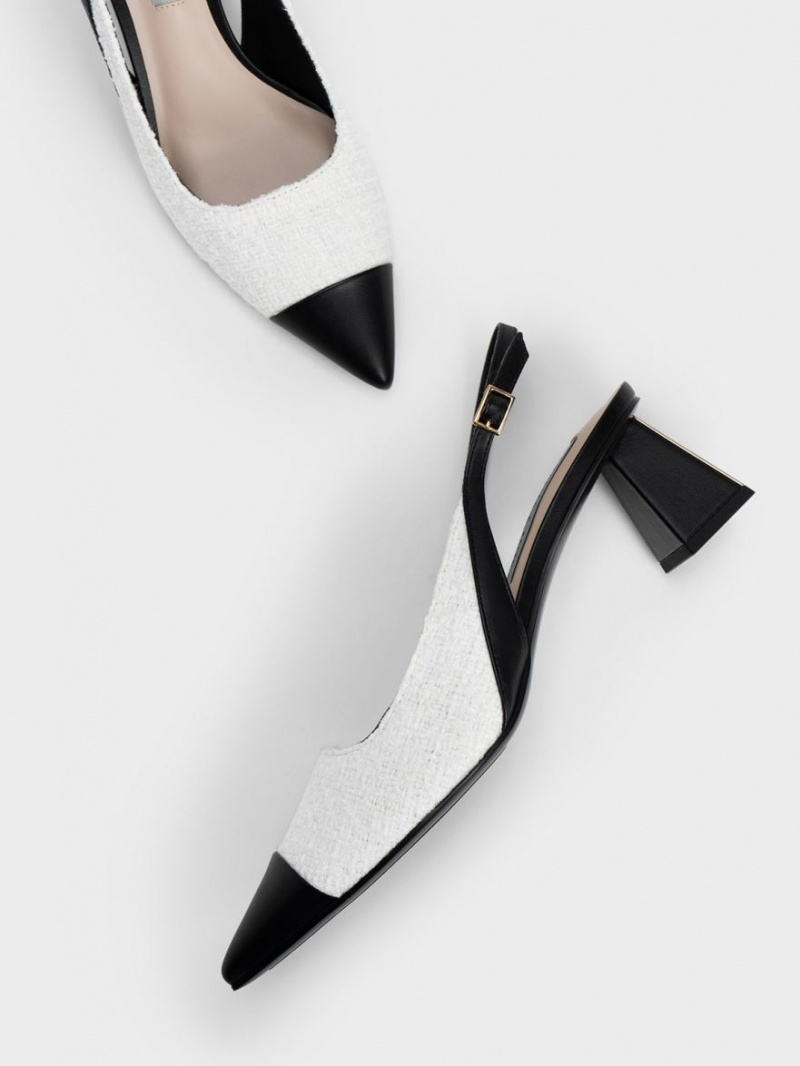 Charles And Keith Tweed Toe Cap Slingback Pumps White | PHILIPPINES I159