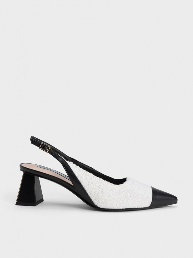 Charles And Keith Tweed Toe Cap Slingback Pumps White | PHILIPPINES I159