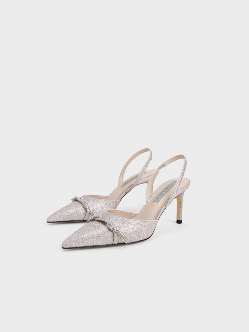 Charles And Keith Twist Detail Glittered Slingback Pumps Silver | PHILIPPINES Y349