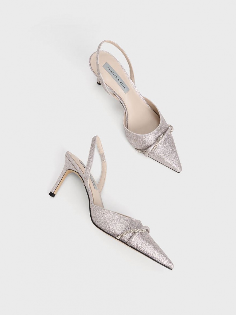 Charles And Keith Twist Detail Glittered Slingback Pumps Silver | PHILIPPINES Y349