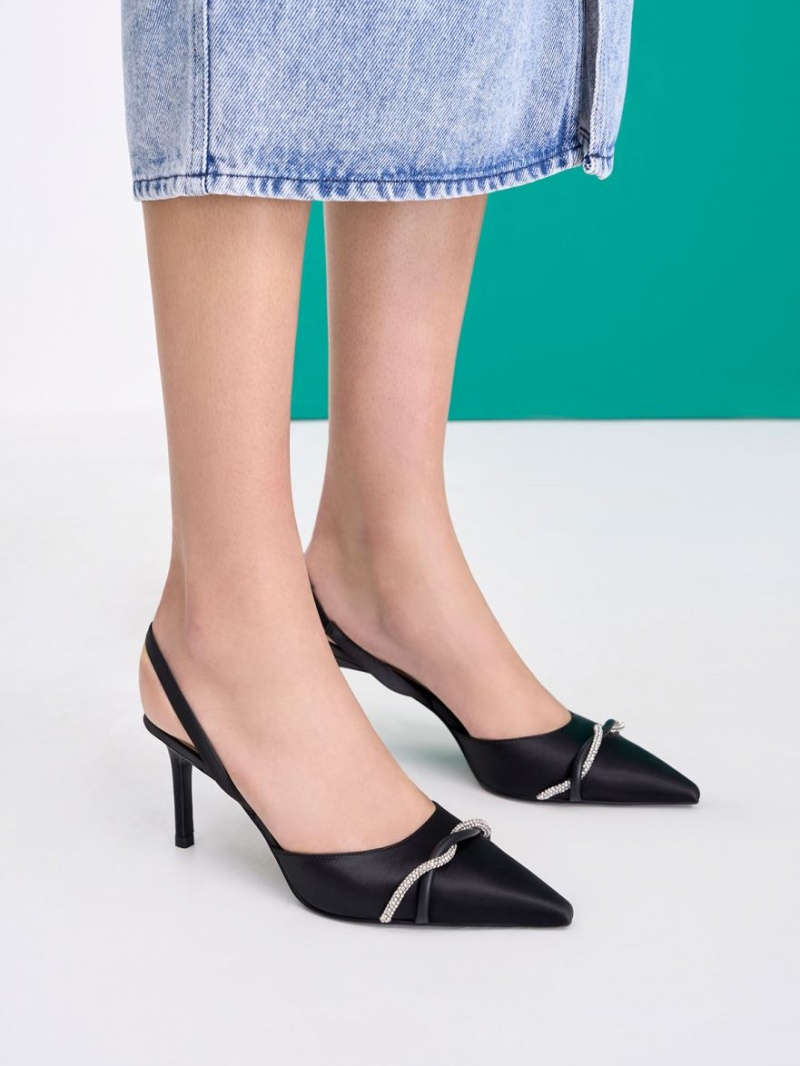 Charles And Keith Twist Detail Satin Slingback Pumps Black | PHILIPPINES G580