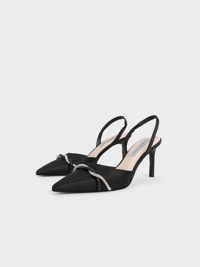 Charles And Keith Twist Detail Satin Slingback Pumps Black | PHILIPPINES G580