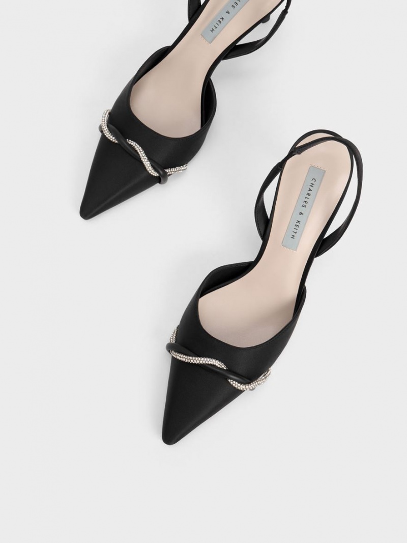 Charles And Keith Twist Detail Satin Slingback Pumps Black | PHILIPPINES G580