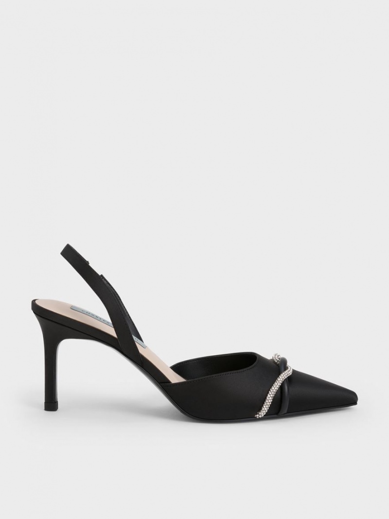 Charles And Keith Twist Detail Satin Slingback Pumps Black | PHILIPPINES G580