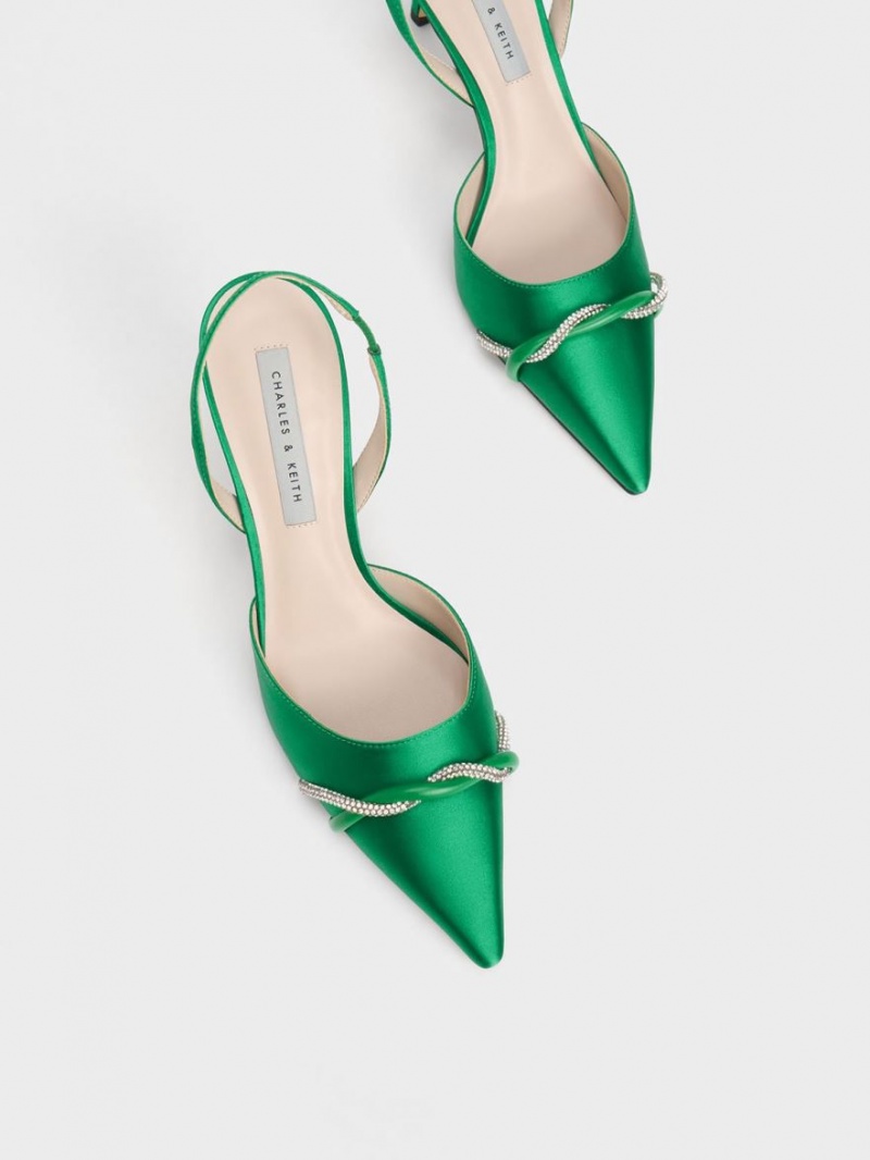 Charles And Keith Twist Detail Satin Slingback Pumps Green | PHILIPPINES M247