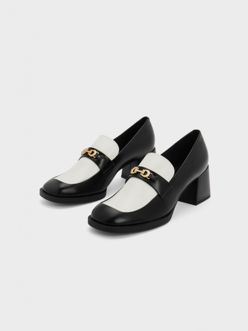 Charles And Keith Two-Tone Metallic Accent Block Heel Loafer Pumps Black | PHILIPPINES H481