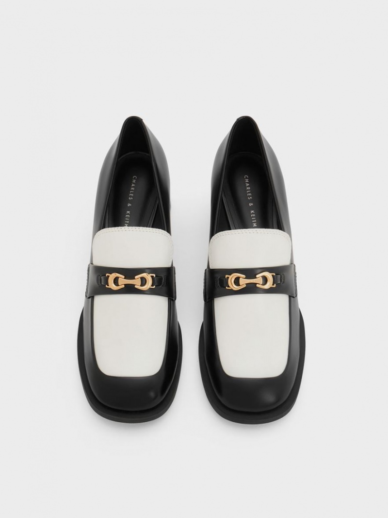 Charles And Keith Two-Tone Metallic Accent Block Heel Loafer Pumps Black | PHILIPPINES H481