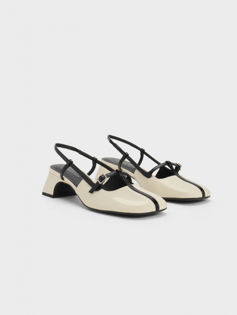 Charles And Keith Two-Tone T-Bar Slingback Pumps Cream | PHILIPPINES H819