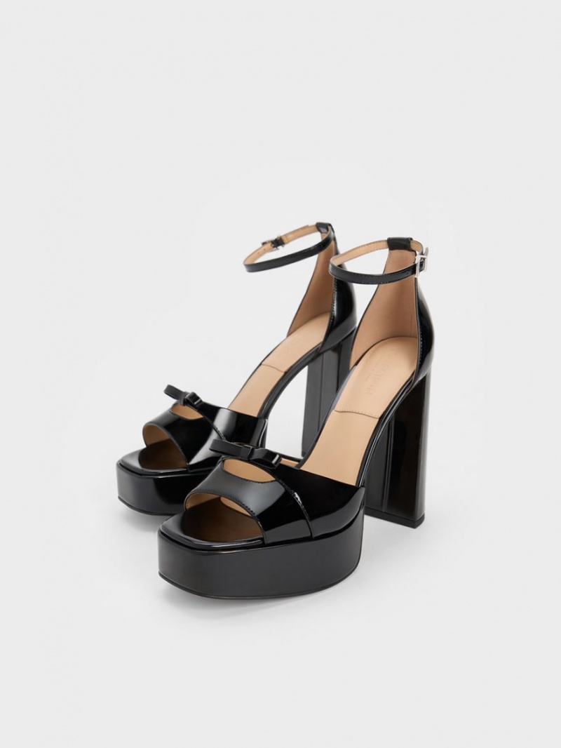 Charles And Keith Verona Patent Leather Platform Sandals Black | PHILIPPINES A457