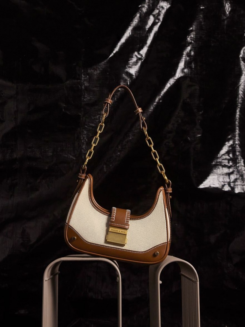 Charles And Keith Winslet Canvas Belted Hobo Bag Chocolate | PHILIPPINES X704