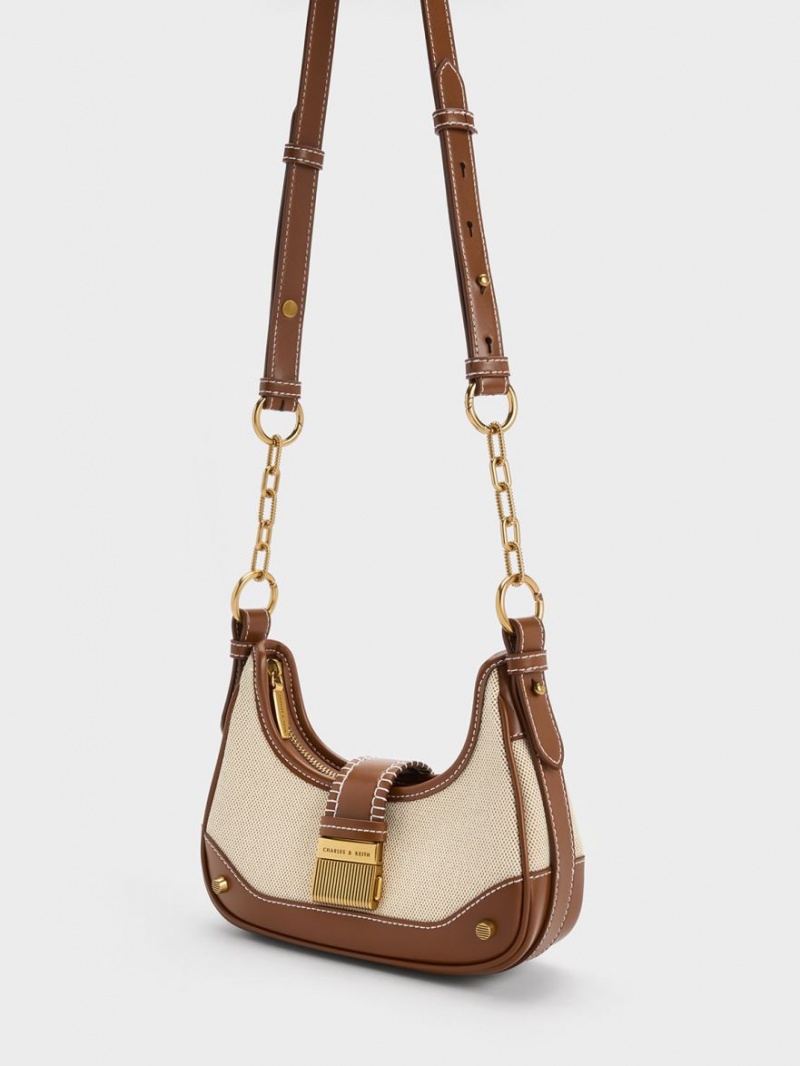 Charles And Keith Winslet Canvas Belted Hobo Bag Chocolate | PHILIPPINES X704