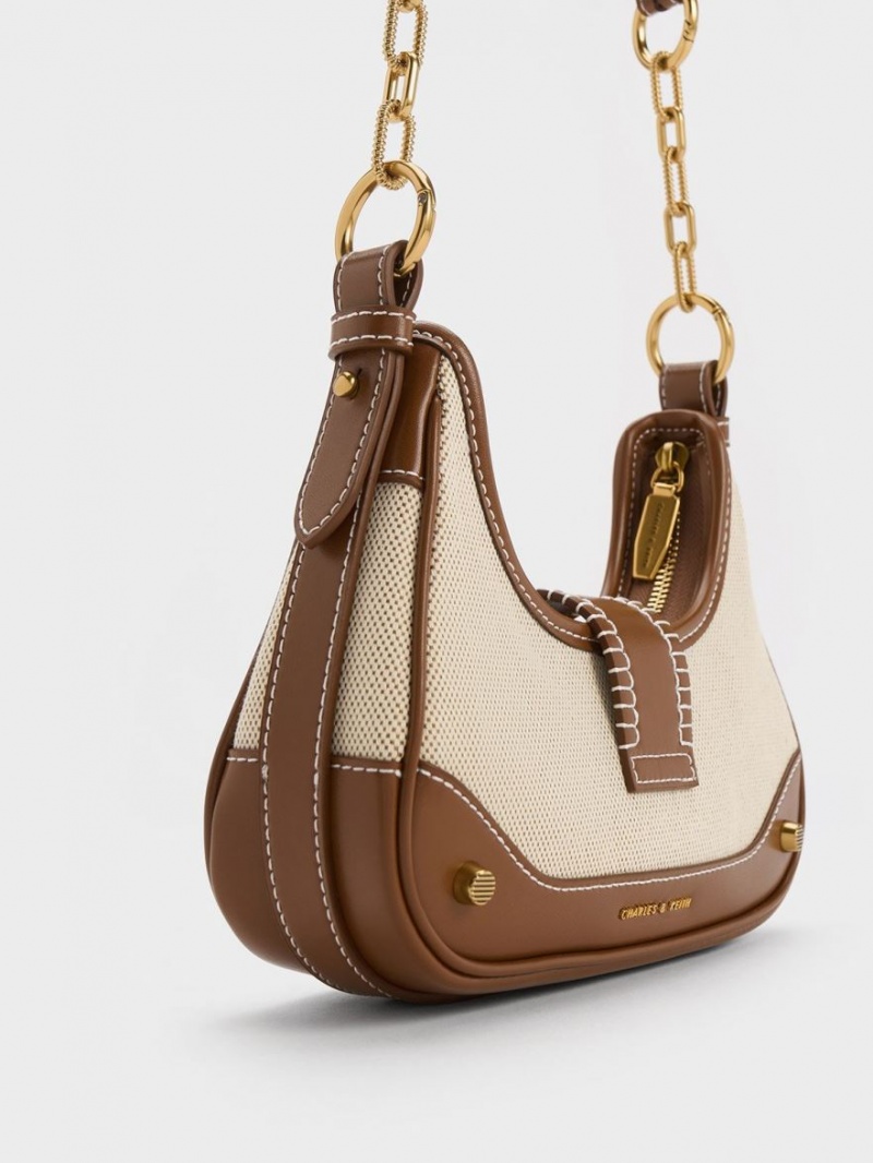 Charles And Keith Winslet Canvas Belted Hobo Bag Chocolate | PHILIPPINES X704