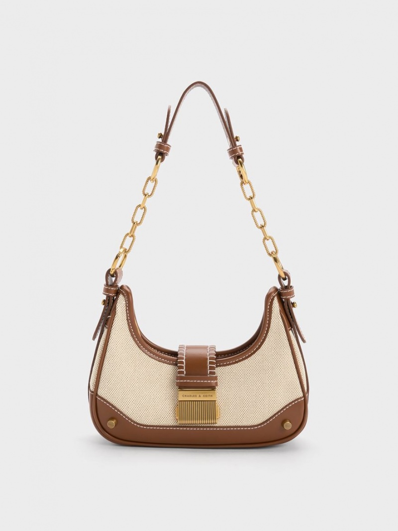 Charles And Keith Winslet Canvas Belted Hobo Bag Chocolate | PHILIPPINES X704