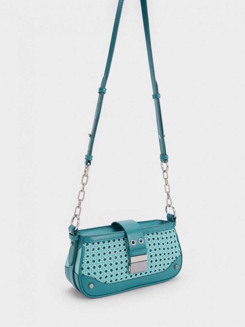 Charles And Keith Winslet Woven Belted Shoulder Bags Turquoise | PHILIPPINES A186