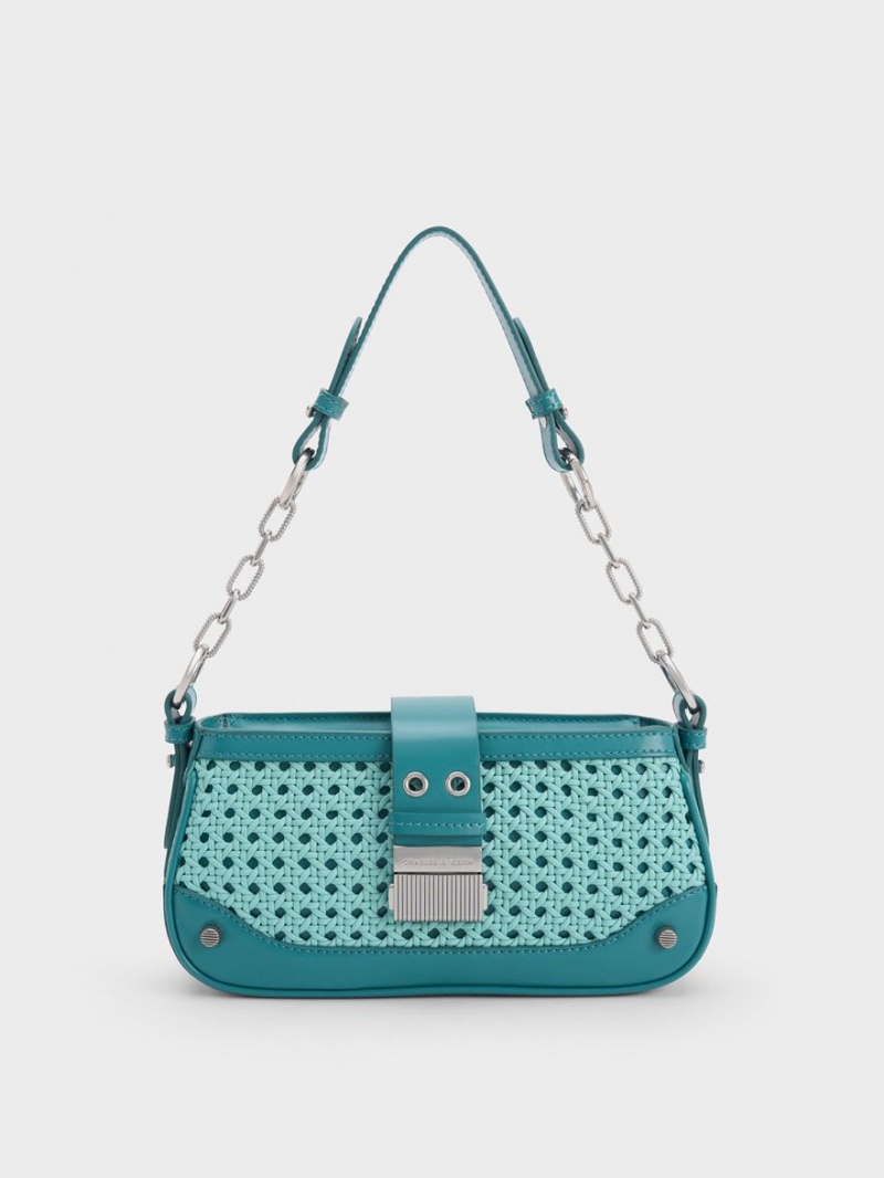 Charles And Keith Winslet Woven Belted Shoulder Bags Turquoise | PHILIPPINES A186