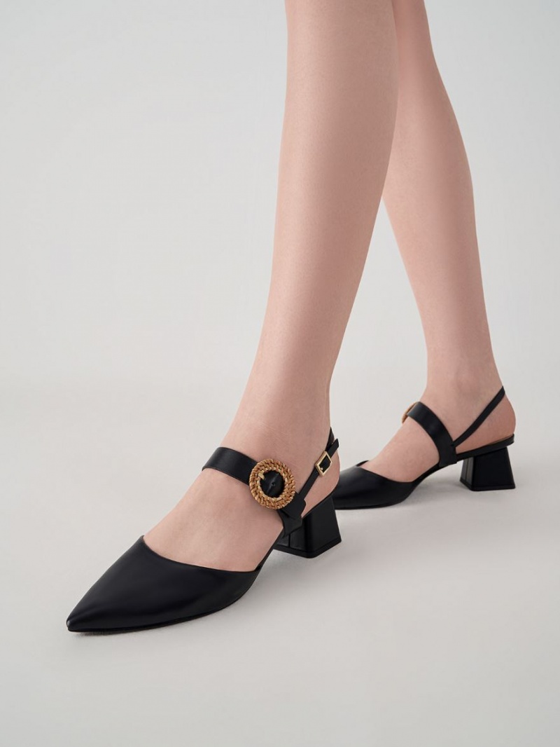 Charles And Keith Woven Buckle Slingback Heeled Pumps Black | PHILIPPINES G439