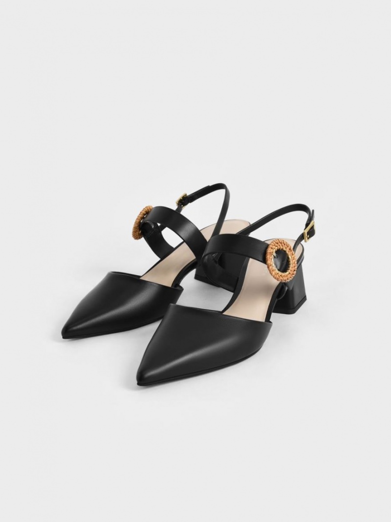 Charles And Keith Woven Buckle Slingback Heeled Pumps Black | PHILIPPINES G439