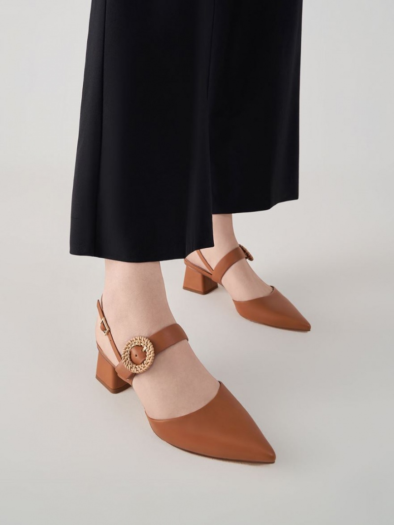 Charles And Keith Woven Buckle Slingback Heeled Pumps Brown | PHILIPPINES S275