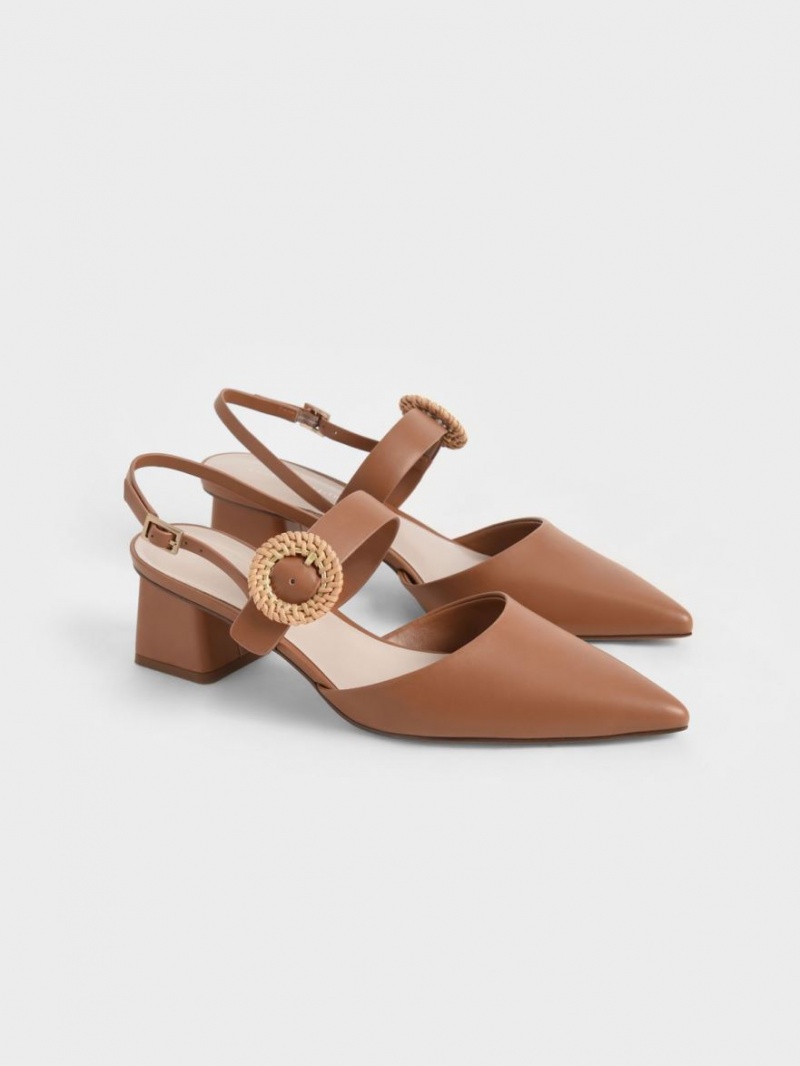 Charles And Keith Woven Buckle Slingback Heeled Pumps Brown | PHILIPPINES S275