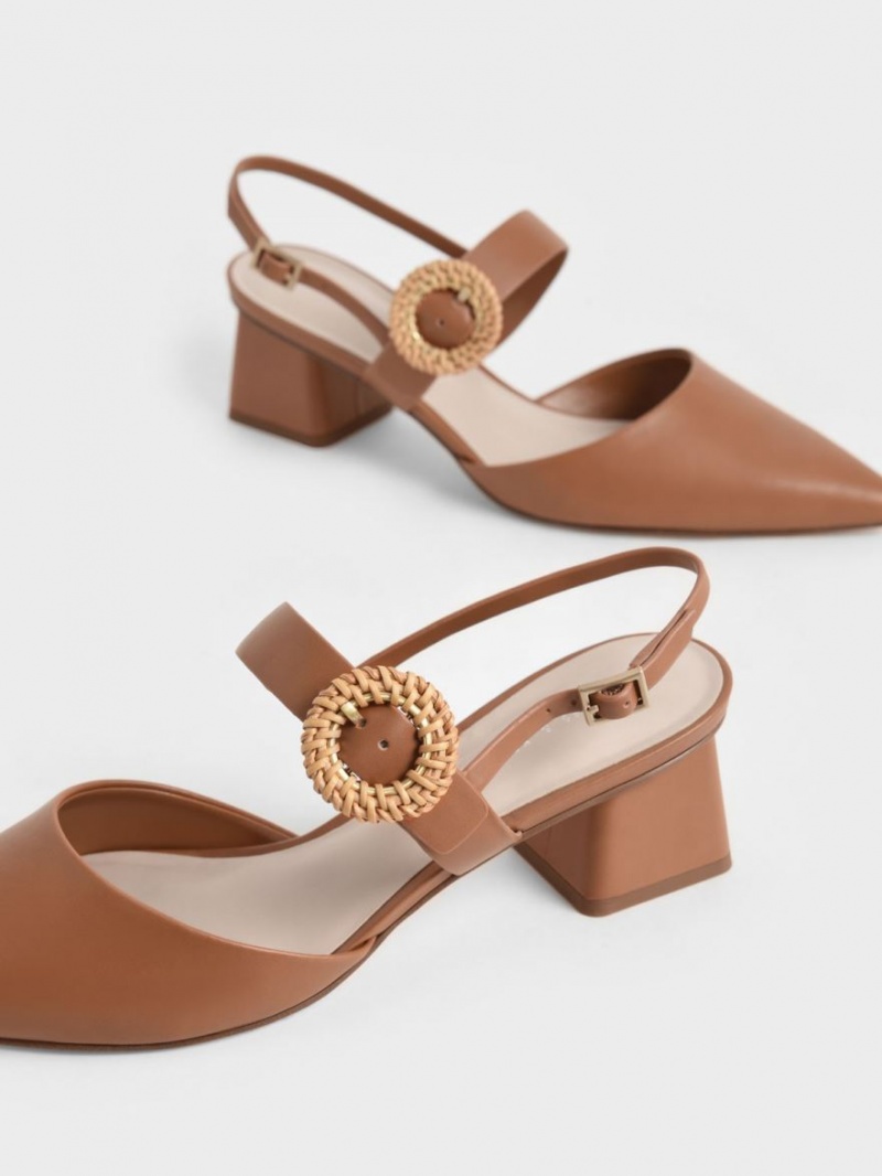 Charles And Keith Woven Buckle Slingback Heeled Pumps Brown | PHILIPPINES S275