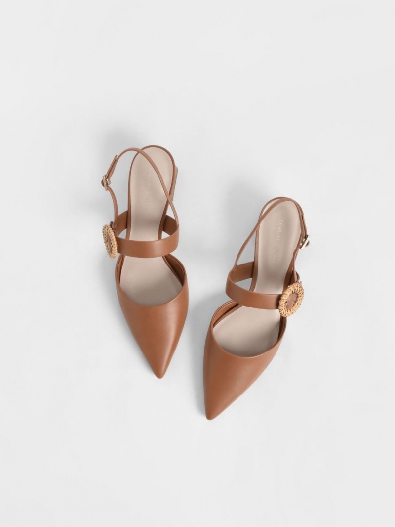 Charles And Keith Woven Buckle Slingback Heeled Pumps Brown | PHILIPPINES S275