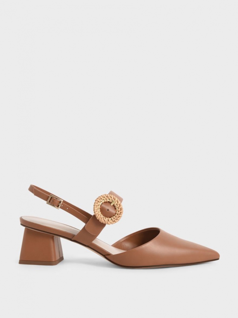 Charles And Keith Woven Buckle Slingback Heeled Pumps Brown | PHILIPPINES S275