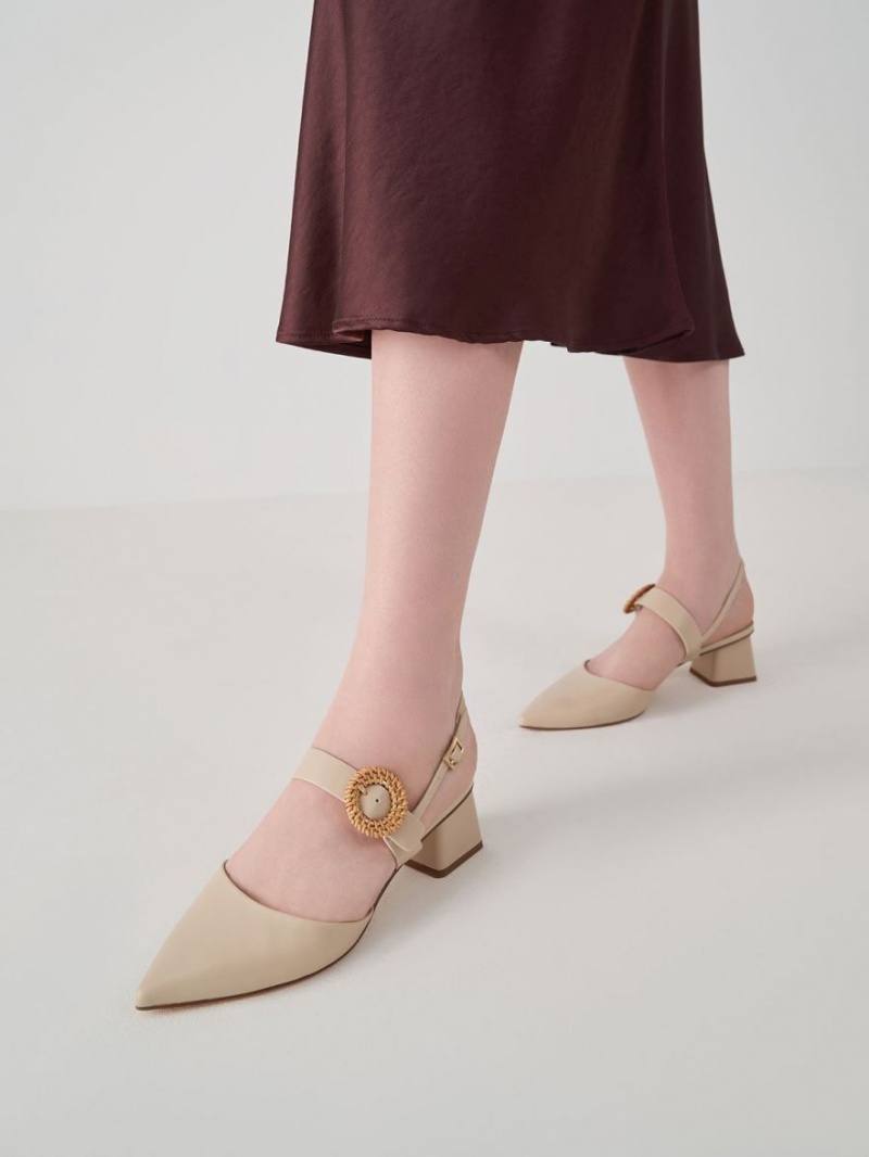 Charles And Keith Woven Buckle Slingback Heeled Pumps Beige | PHILIPPINES X654