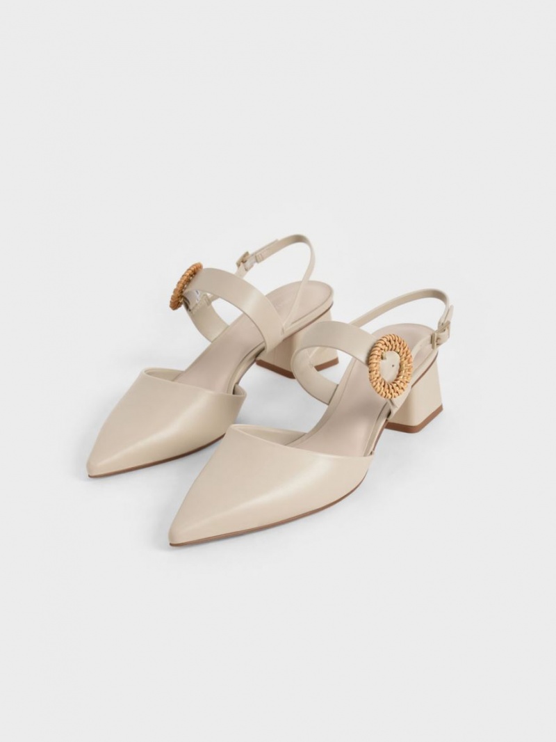 Charles And Keith Woven Buckle Slingback Heeled Pumps Beige | PHILIPPINES X654