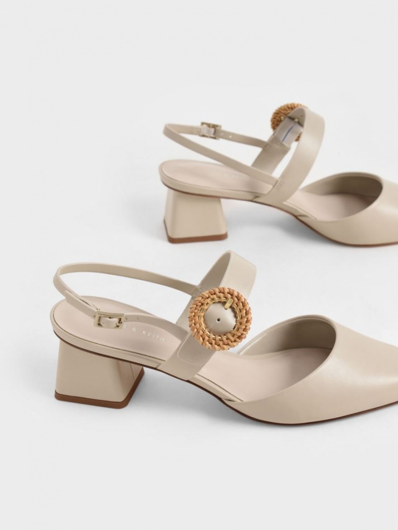 Charles And Keith Woven Buckle Slingback Heeled Pumps Beige | PHILIPPINES X654