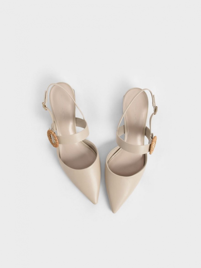 Charles And Keith Woven Buckle Slingback Heeled Pumps Beige | PHILIPPINES X654