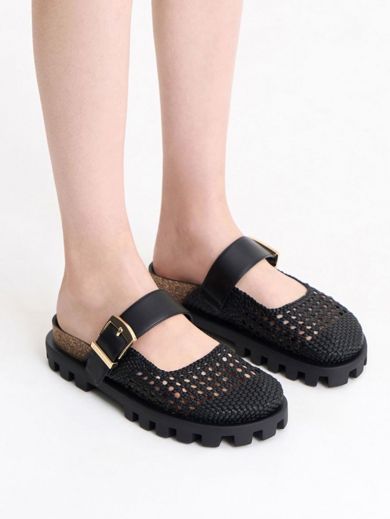 Charles And Keith Woven Buckled Flat Mules Black | PHILIPPINES X430