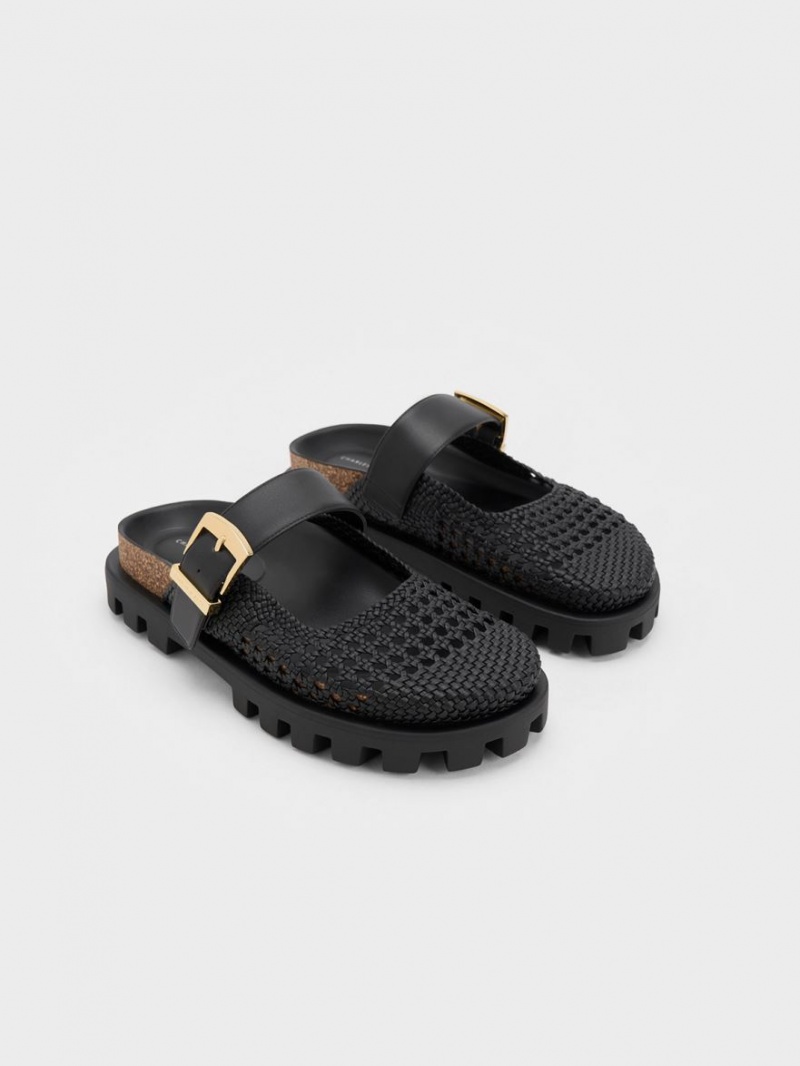 Charles And Keith Woven Buckled Flat Mules Black | PHILIPPINES X430