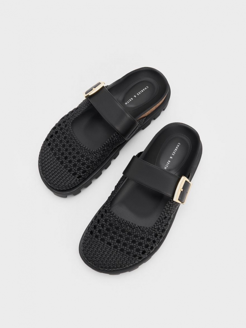 Charles And Keith Woven Buckled Flat Mules Black | PHILIPPINES X430