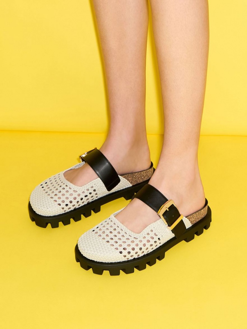 Charles And Keith Woven Buckled Flat Mules White | PHILIPPINES P871