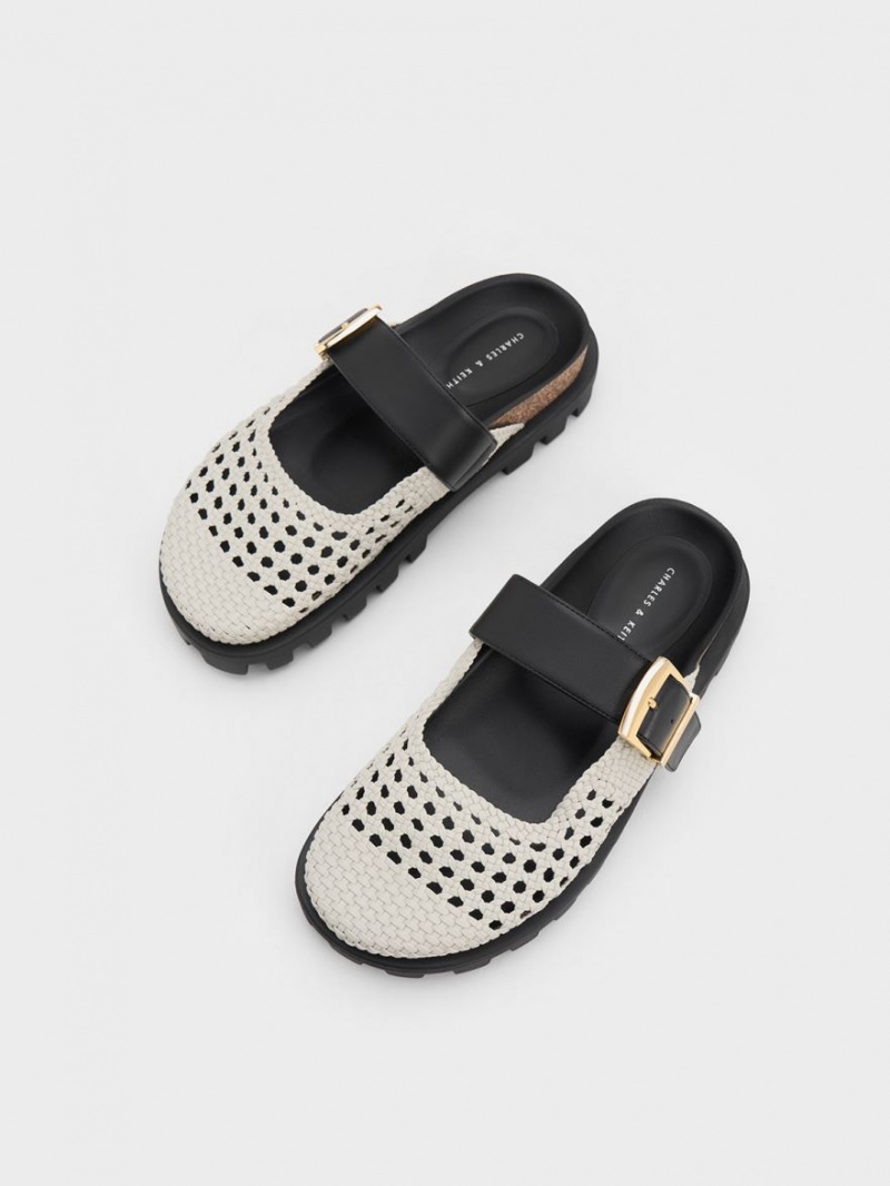 Charles And Keith Woven Buckled Flat Mules White | PHILIPPINES P871