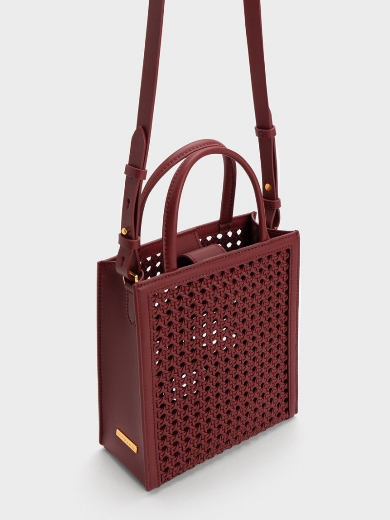 Charles And Keith Woven Double Handle Tote Bags Burgundy | PHILIPPINES C076