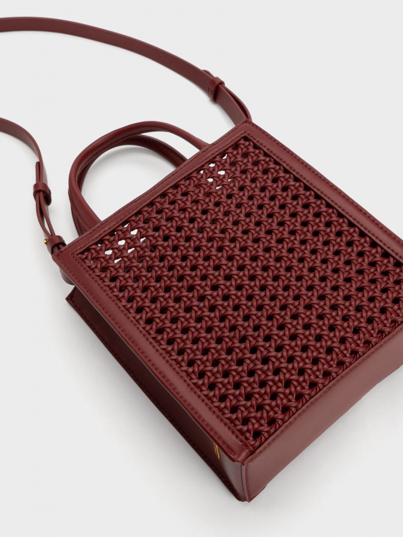 Charles And Keith Woven Double Handle Tote Bags Burgundy | PHILIPPINES C076