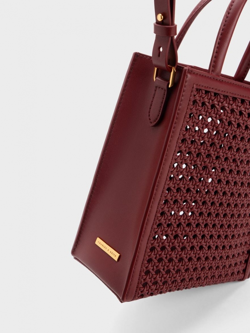 Charles And Keith Woven Double Handle Tote Bags Burgundy | PHILIPPINES C076