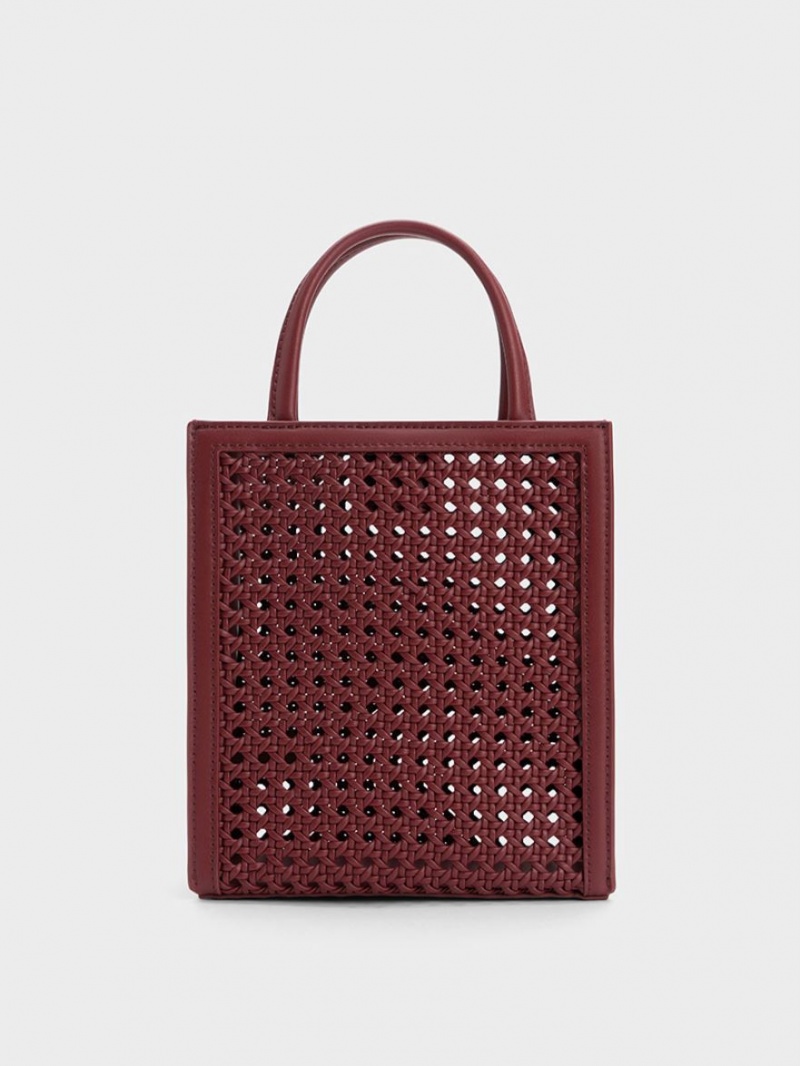 Charles And Keith Woven Double Handle Tote Bags Burgundy | PHILIPPINES C076