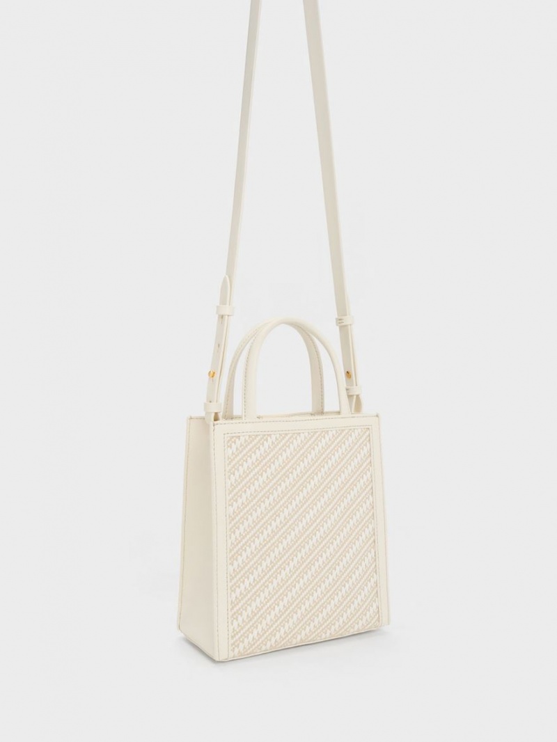 Charles And Keith Woven Double Handle Tote Bags Cream | PHILIPPINES T516