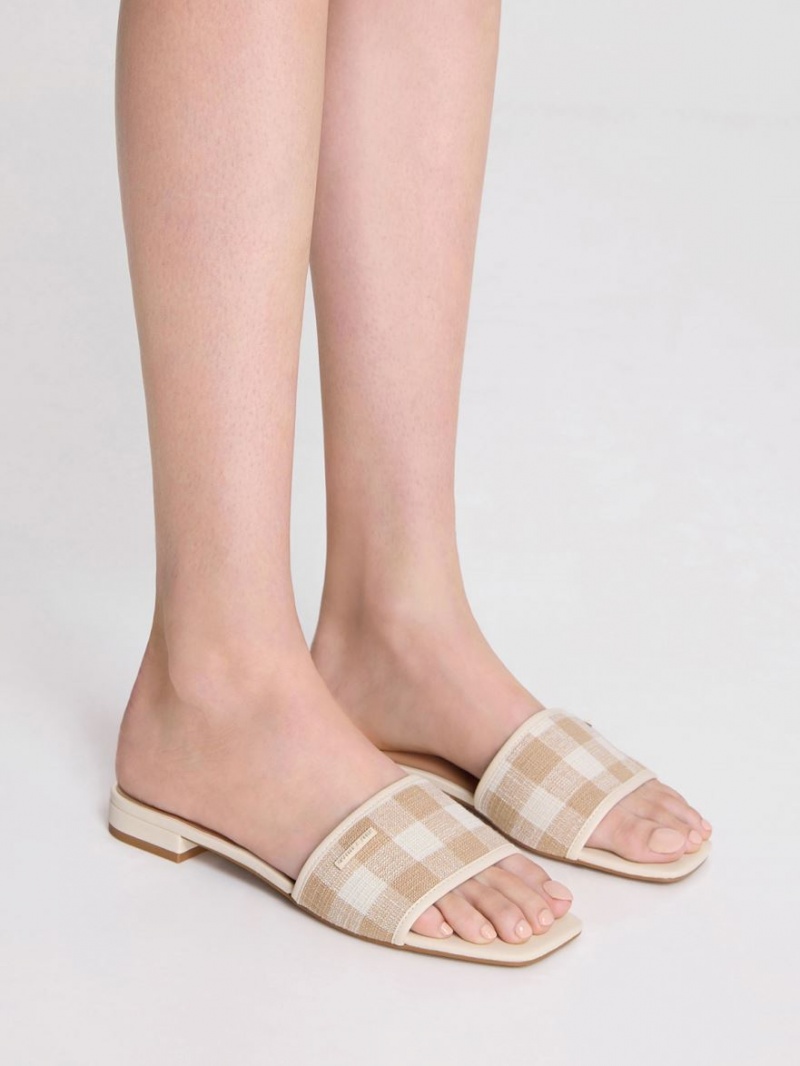 Charles And Keith Woven Gingham Flat Sandals Beige | PHILIPPINES G192