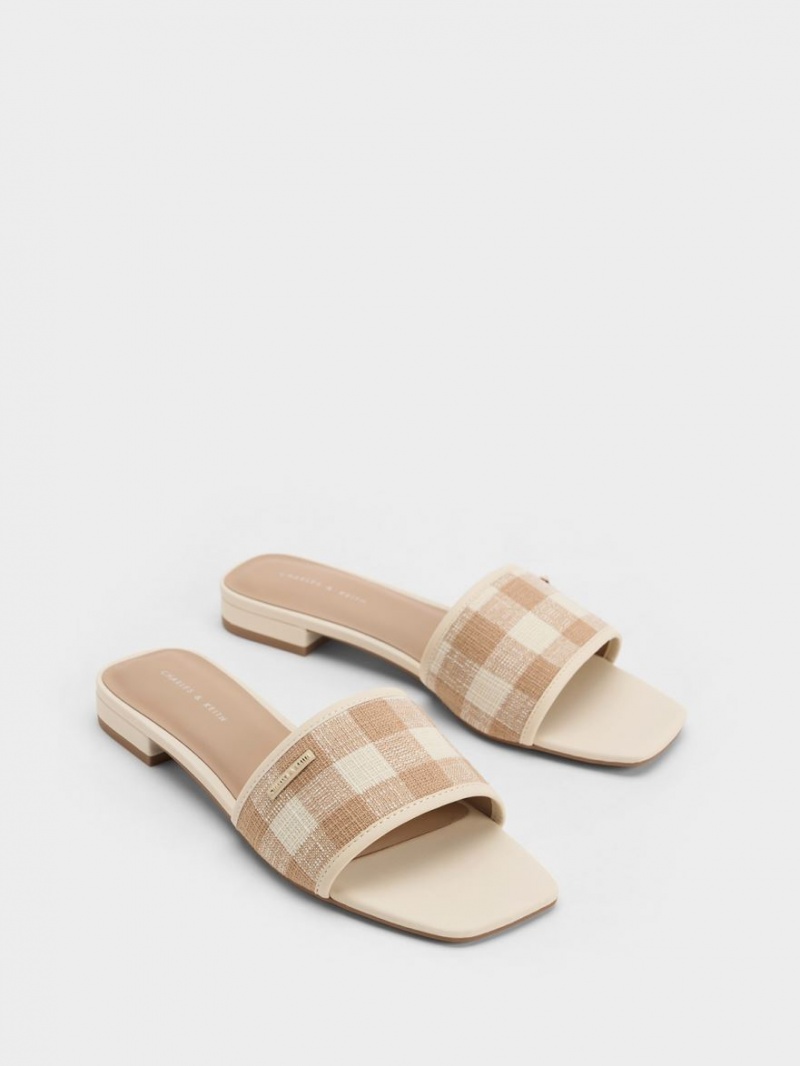 Charles And Keith Woven Gingham Flat Sandals Beige | PHILIPPINES G192