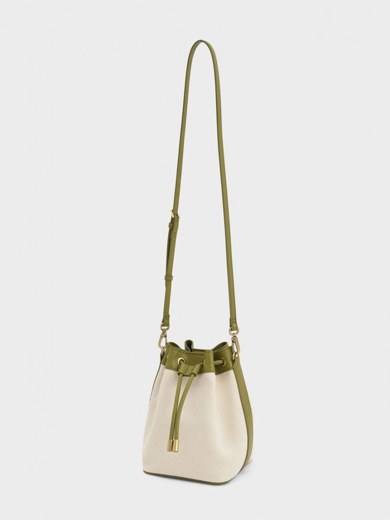 Charles And Keith Woven Handle Canvas Bucket Bags Olive / Cream | PHILIPPINES Z026