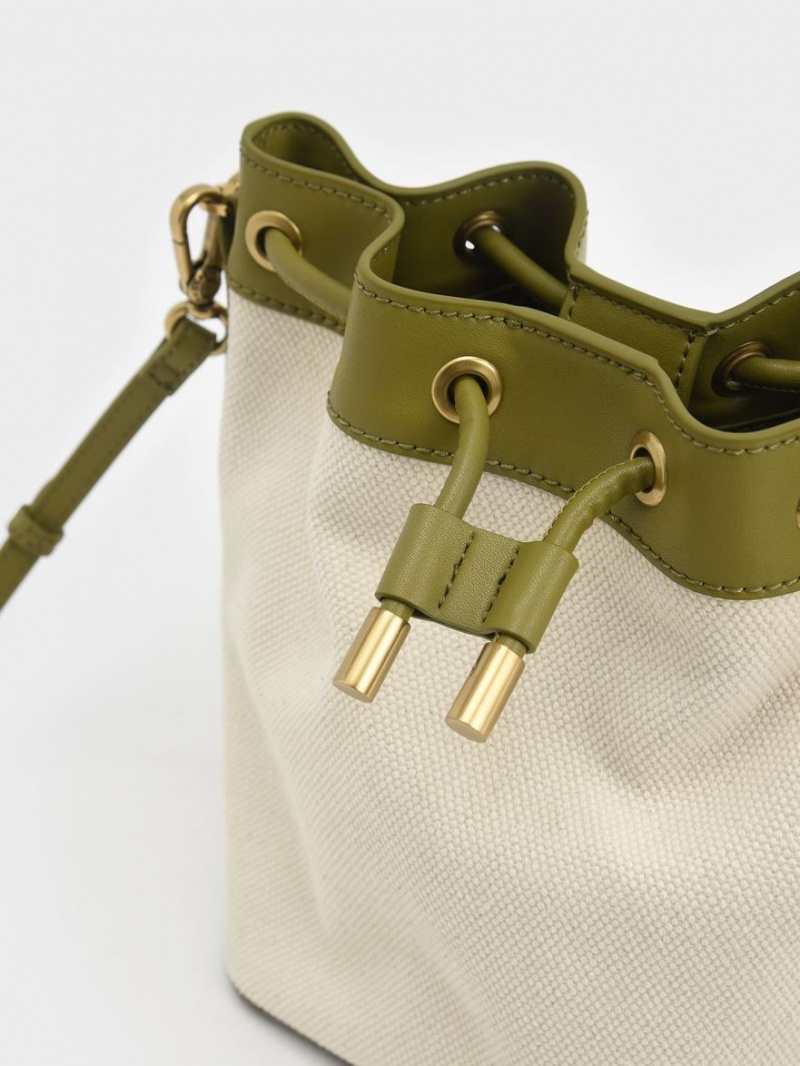 Charles And Keith Woven Handle Canvas Bucket Bags Olive / Cream | PHILIPPINES Z026