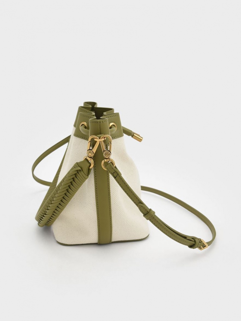 Charles And Keith Woven Handle Canvas Bucket Bags Olive / Cream | PHILIPPINES Z026