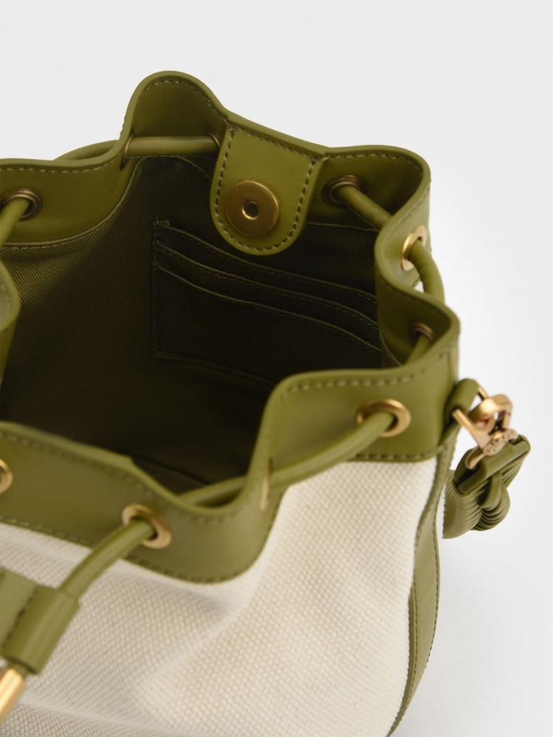 Charles And Keith Woven Handle Canvas Bucket Bags Olive / Cream | PHILIPPINES Z026