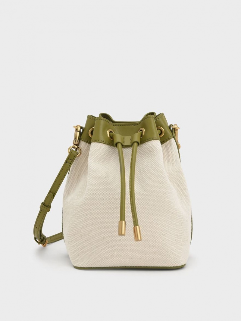 Charles And Keith Woven Handle Canvas Bucket Bags Olive / Cream | PHILIPPINES Z026