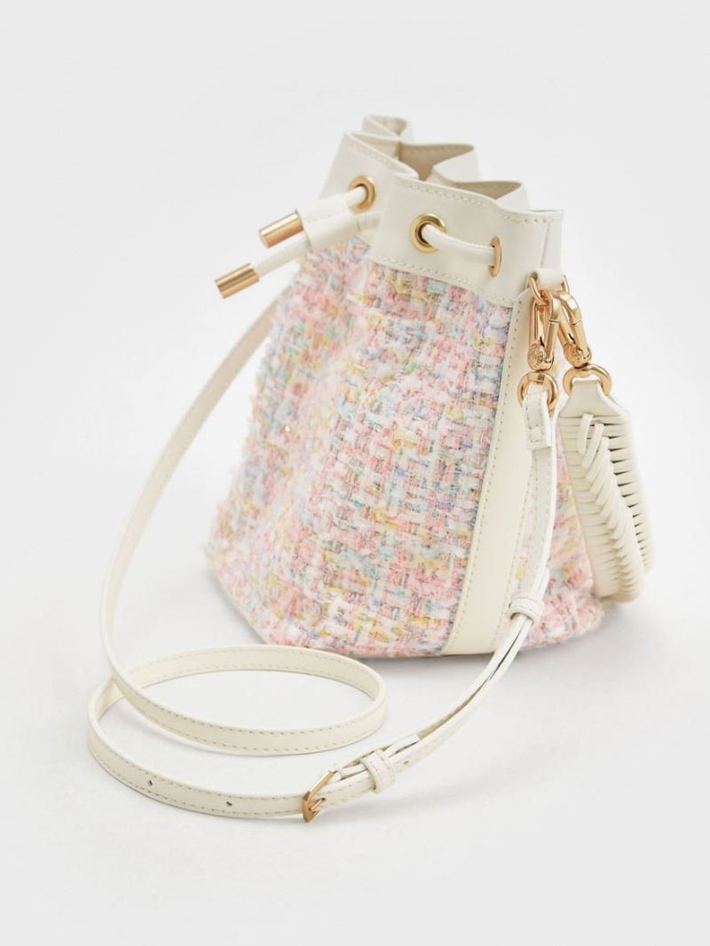 Charles And Keith Woven Handle Tweed Bucket Bags Light Pink | PHILIPPINES V136